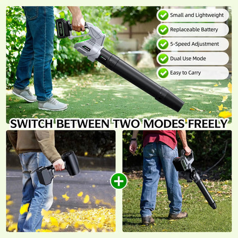 Cordless Electric Leaf Blower Beast Power With 680 CFM And 200 MPH Air 5 Speed Dial Dual Battery Pack And Charger shown in use