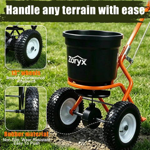 Heavy Duty Walk Behind Broadcast Spreader For Fertilizer Seed And Salt With Anti Clog Hopper Rain Cover 50 Pound Capacity