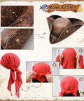 Badass Five Piece Pirate Costume Accessory Set For Men includes faux leather tricorn hat and red bandana tying guide.