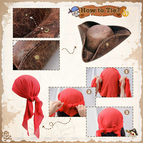 Badass Five Piece Pirate Costume Accessory Set For Men includes faux leather tricorn hat and red bandana tying guide.