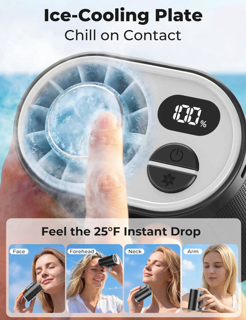 Ice-cooling plate of Waist Belt Clip Cooling Fan, showing chill on contact for instant 25°F drop on face, forehead, neck, and arm.