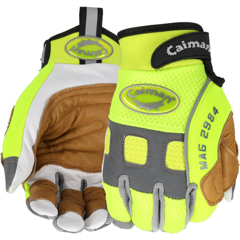 Multi Activity Work Glove With Goat Grain Leather Palm Hi Vis AirMesh Back Pinched Tip Fingers Neoprene Knuckle High Visibility Yellow Gold Size Large Durable Reinforced Palm Patch