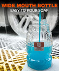 Wide mouth transparent bottle with blue soap for Dual Tip Foam Cannon For Pressure Washer Gun With Quick Connect One Quarter Inch Stainless Steel Car Wash Foam Blaster Attachment Switchable Foam And Water Flow Leak Proof Seal 4000 PSI.