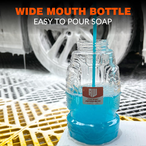 Wide mouth transparent bottle with blue soap for Dual Tip Foam Cannon For Pressure Washer Gun With Quick Connect One Quarter Inch Stainless Steel Car Wash Foam Blaster Attachment Switchable Foam And Water Flow Leak Proof Seal 4000 PSI.