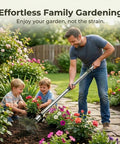 Man using 45.67 Inch Standing Hand Weeder in garden with children, demonstrating its long handle and ergonomic grip.