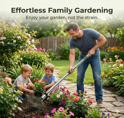 Man using 45.67 Inch Standing Hand Weeder in garden with children, demonstrating its long handle and ergonomic grip.