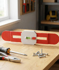 Telescopic Level Ruler Wall Mount for Split Air Conditioner Indoor Unit on wooden table, surrounded by tools and screws.