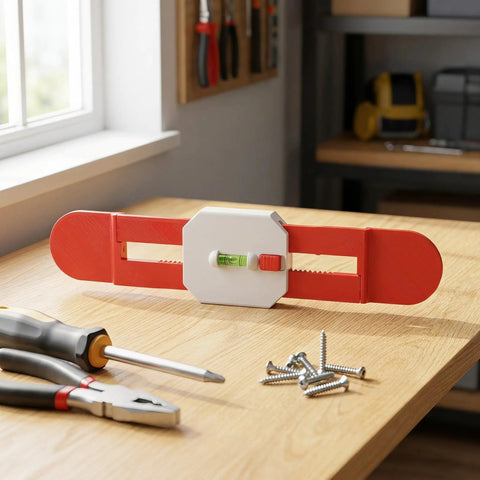 Telescopic Level Ruler Wall Mount for Split Air Conditioner Indoor Unit on wooden table, surrounded by tools and screws.