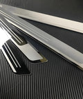 Rock Solid Stainless Steel Door Sill Guards For Tesla Cybertruck 2023 2025, brushed scuff plates in polished and black finish.