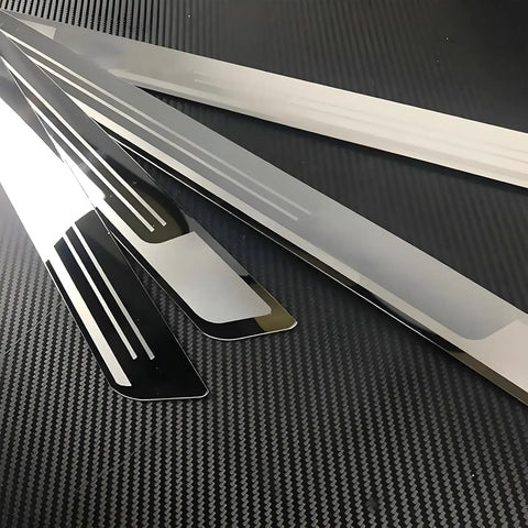 Rock Solid Stainless Steel Door Sill Guards For Tesla Cybertruck 2023 2025, brushed scuff plates in polished and black finish.