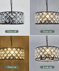 Three Light Modern Crystal Chandelier In Black Metal Farmhouse Pendant Light variations on and off with chain detail