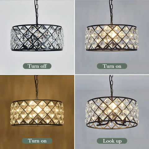 Three Light Modern Crystal Chandelier In Black Metal Farmhouse Pendant Light variations on and off with chain detail