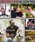 Collage showing Heavy Duty Chain Quick Links Set With Two Half Inch Carabiners for yoga, swings, dog leashes, fitness, and camping.