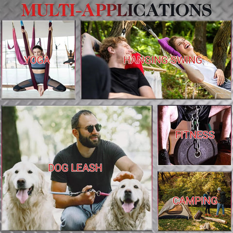 Collage showing Heavy Duty Chain Quick Links Set With Two Half Inch Carabiners for yoga, swings, dog leashes, fitness, and camping.