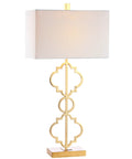 32-Inch Gold Iron Ogee Trellis Table Lamp With USB Port, Modern Glam Geometric Base, White Linen Rectangle Shade, LED Bulb Included