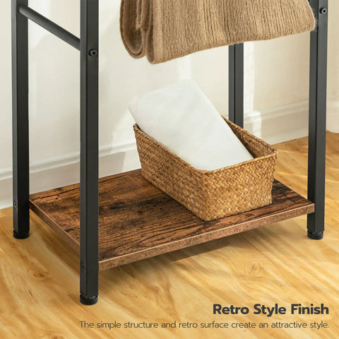 Freestanding Towel Rack And Blanket Holder For Bathroom, Two Tier Drying And Display Shelf In Rustic Brown And Black Finish, Measures 16.5 Inches Long By 9.4 Inches Wide By 31.5 Inches High
