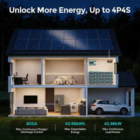 Cross-section of house with solar panels, showing multiple Beefy 12V 200Ah LiFePO4 Deep Cycle Batteries with 2560Wh installed.