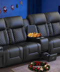 Four Seat Recliner Sofa With Center Console And USB Ports For Easy Charging, Phone Holders, Wall Hugger RV Style Couch With Storage And Cup Holders in a cozy Christmas-themed room