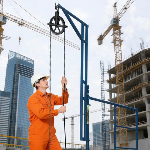 Aunocy 12 Inch Heavy Duty Scaffolding Pulley Hoist With Precision Ball Bearings For Quiet Lifting 1000 Lb Capacity Cable Rope System at construction site.