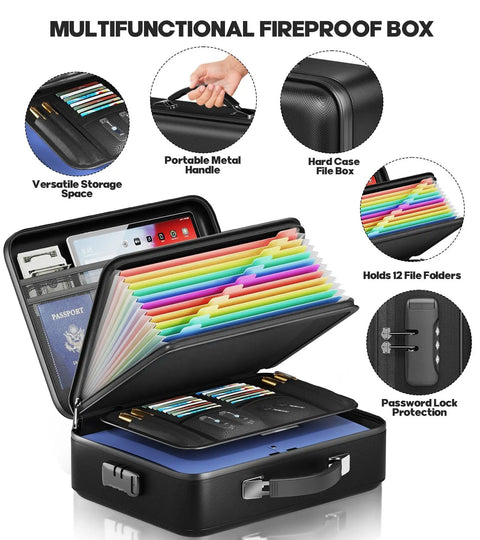 Open UL94 VTM-0 Certified Fireproof Document Box with lock, colorful file folders, and storage for papers and valuables, 15x11x5, black