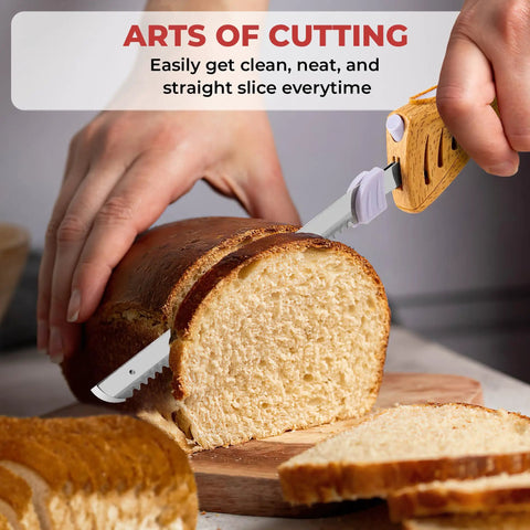 Prikoi Electric Carving Knife For Meat Slicing, Dual Stainless Blades, Easy Grip Handle, Perfectfor Roasts, Turkey, Ham, Homemade Bread And DIY Foam Cutting, Fast Holiday Dinner Prep Tool slicing homemade bread on a cutting board.