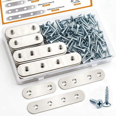 Heavy Duty Stainless Steel Flat Metal Brackets And Mending Plates 96 Pack with various sizes and screws for DIY furniture reinforcement.
