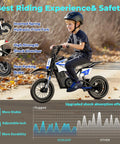 K1 Kids Electric Dirt Bike 36V Motorcycle for Ages 3 to 10, child riding on black-and-white dirt bike with suspension