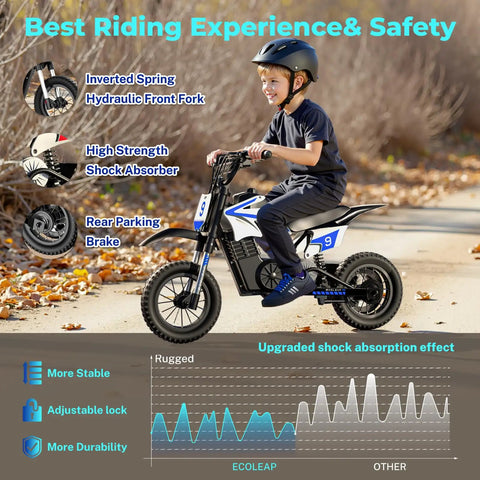K1 Kids Electric Dirt Bike 36V Motorcycle for Ages 3 to 10, child riding on black-and-white dirt bike with suspension