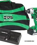 18V Cordless Hammer Drill and Impact Driver Combo Kit with batteries, charger, and carrying bag, featuring LED light and variable speed triggers.
