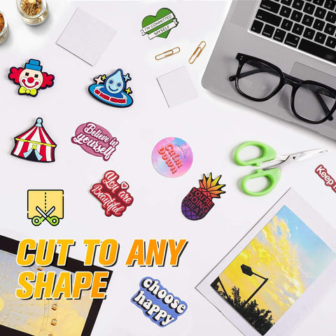 Cuttable 8 By 10 Inch Magnetic Sheets With Adhesive Backing 10 Pack for DIY Stickers, shown with craft supplies on a desk