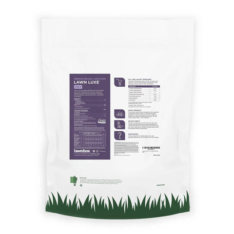 Back view of Organic Summer Grass Fertilizer 7-0-7 NPK 28 Lb Bag with instructions, covers 5,000 sq ft, quick and slow release