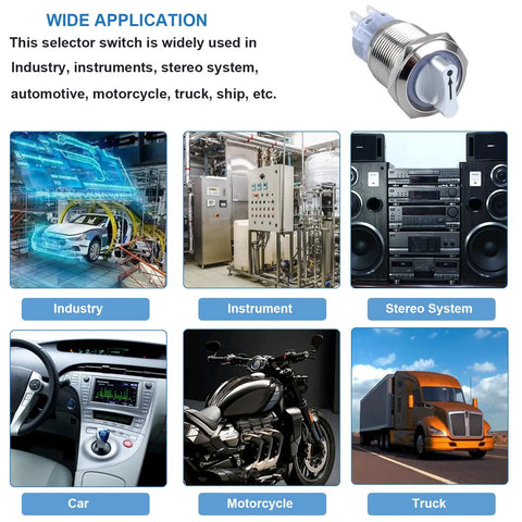 Applications of 22mm Latching Selector Rotary Switch shown in industry, automotive, stereo systems, and industrial panels environments.