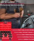 Mechanic using One Half Inch Drive Deep Impact Socket Set, 11-Piece Metric Socket Kit With 27mm To 38mm Sizes For Wheel Axle Nuts.