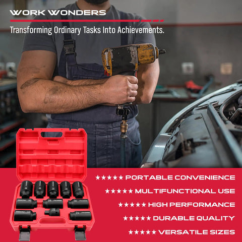 Mechanic using One Half Inch Drive Deep Impact Socket Set, 11-Piece Metric Socket Kit With 27mm To 38mm Sizes For Wheel Axle Nuts.