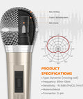 Gold Wired Vocal Dynamic Microphone With On Off Switch Cardioid Studio Microphone Internal View and Specs