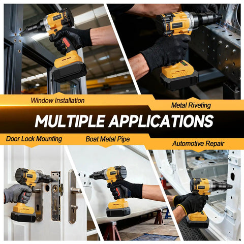 Cordless Rivet Nut Gun For 20V Battery Power used in window, metal, door, boat, and car applications, battery not included