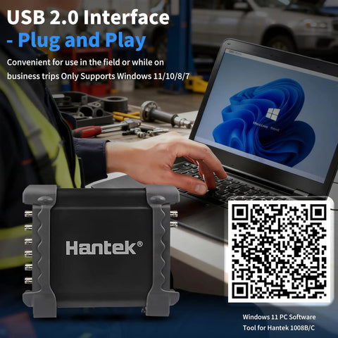 8 Channel USB Automotive Diagnostic Oscilloscope With DAQ And Programmable Signal Generator For Cars And Trucks next to laptop