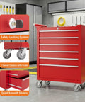 Heavy Duty Red Rolling Tool Chest On Wheels Locking Four Drawer Setup Full Extension Ball Bearing Drawers Cold Rolled Steel Shop Beast Pro Grade Corrosion Resistant close-up of safety locking system and smooth sliders