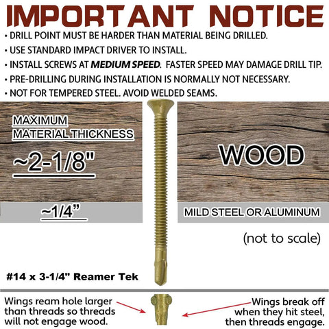 Heavy Duty Standard 14 X Three Quarter Inch Reamer Tek Screws Torx Star Drive for wood and metal installations.