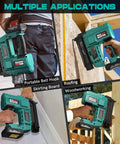 Cordless Two In One Brad Nailer And Staple Gun Powered By 20V Rechargeable Battery used for roofing, woodworking, and skirting board applications.