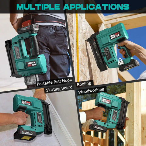 Cordless Two In One Brad Nailer And Staple Gun Powered By 20V Rechargeable Battery used for roofing, woodworking, and skirting board applications.