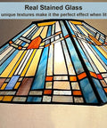 Close-up of 16-inch stained glass shade on Two Light Tiffany Style Pendant Light Fixture 16 Inch Large Mission Vintage Stained Glass Hanging Lamp For Kitchen Island Dining Room And Bedroom Lit Premium Finish