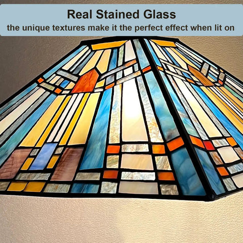 Close-up of 16-inch stained glass shade on Two Light Tiffany Style Pendant Light Fixture 16 Inch Large Mission Vintage Stained Glass Hanging Lamp For Kitchen Island Dining Room And Bedroom Lit Premium Finish