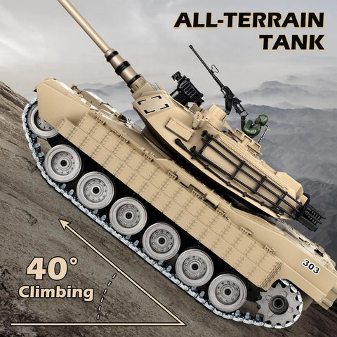 One Eighteen Scale Remote Control M1A2 Abrams Tank climbing slope showing 40-degree angle with metal tracks and realistic design.