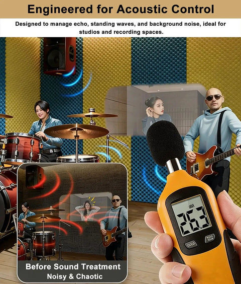 Self Adhesive Acoustic Foam Panels Black Roll Soundproof Wall And Ceiling Noise Dampening Hella Thick Coverage in a studio setting.