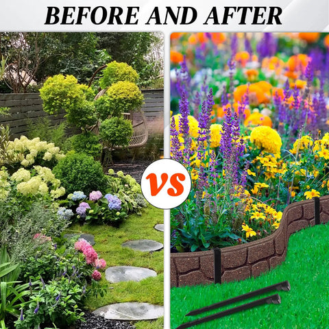 Before and after use of 55 Piece Landscape Edging Anchor Stakes Set, 8.5 Inch Heavy Duty Black Plastic Garden Stakes in yard