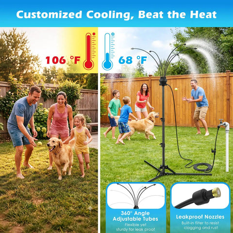 Outdoor Patio Misting System With 5.25 Ft Adjustable Stand And Four Nozzles cooling backyard garden with family playing