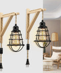 Plug In Wall Sconces 2 Pack Farmhouse Wood And Metal Wire Cage Lamps with Plug In Cord, Boho Style for Living Room