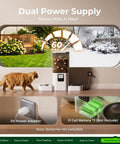 Slick Dual Pet Feeder For Cats And Dogs With Slow Feed Dispenser Programmable Timer showcased with a cat and power supply options.