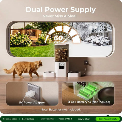 Slick Dual Pet Feeder For Cats And Dogs With Slow Feed Dispenser Programmable Timer showcased with a cat and power supply options.